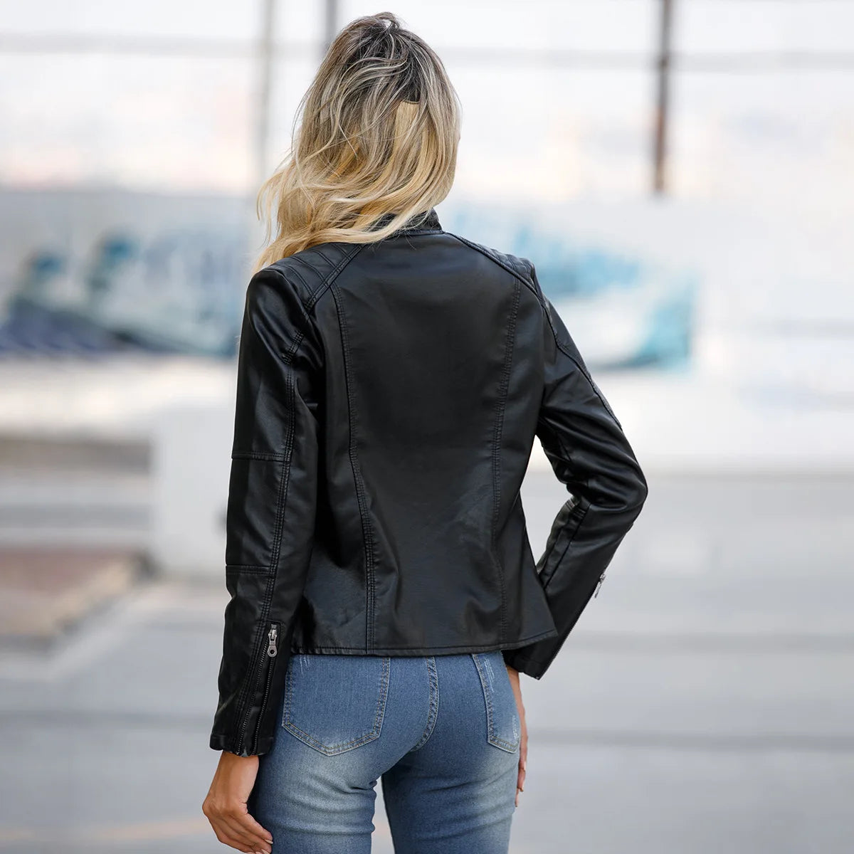 Women Leather Jacket 2025 Spring Autumn Black PU Leather Coat Stand-up Collar Motor Biker Jacket