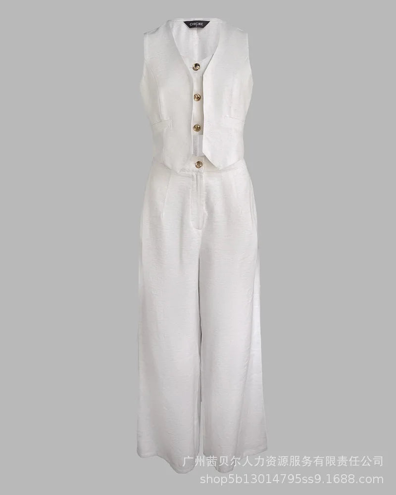 Women New 2 Pieces Outfits Metal Button Decor V Neck Sleeveless Tank Top and Casual Plain Loose Fit Pants Set