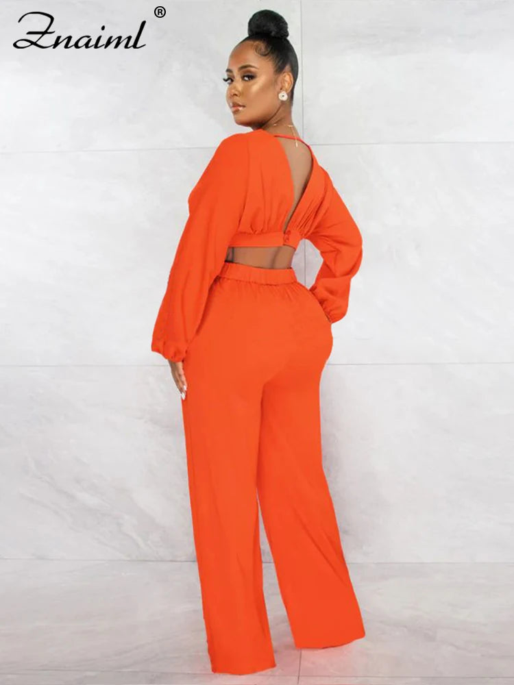 Znaiml Casual Green Two 2 Pieces Wide Leg Pants Sets Women‘s Long Sleeve Deep V-neck Crop Tops and Trousers Birthday Club Outfit