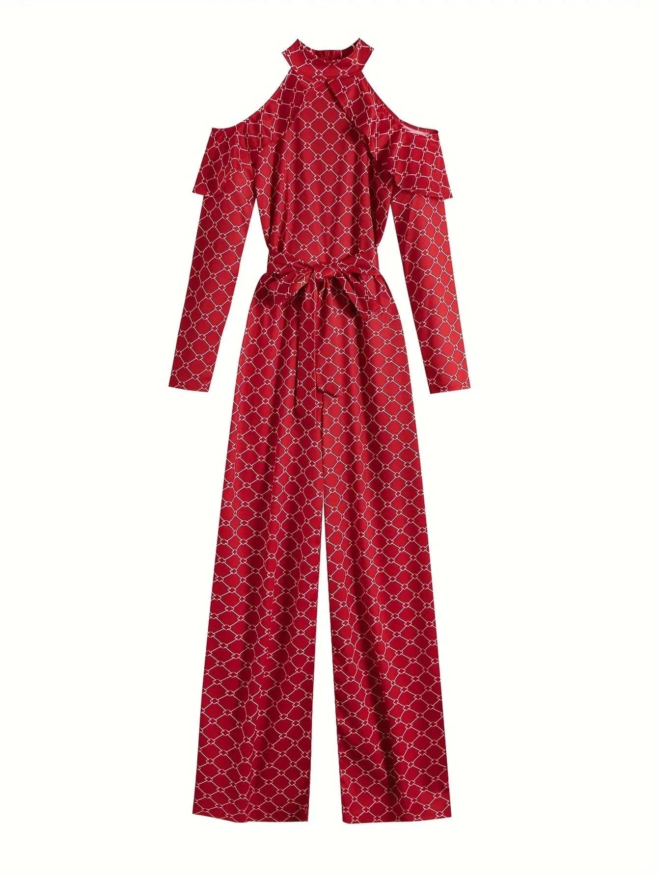 Plaid Print Rompers Womens Jumpsuit Off Shoulder Ruffles Long Sleeve Bandage Overall Elegant Belted Plus Size Wide Leg Bodysuit