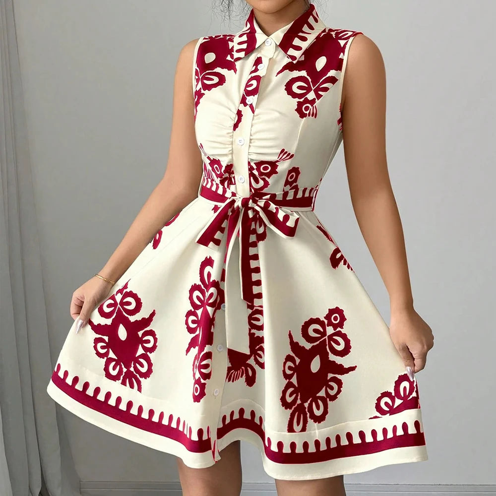 Plus Size Womens Printed Sleeveless Buttons A-Line Shirts Dress Summer Ladies Turn Down Collar Casual Holiday Sundress SizeS-2XL