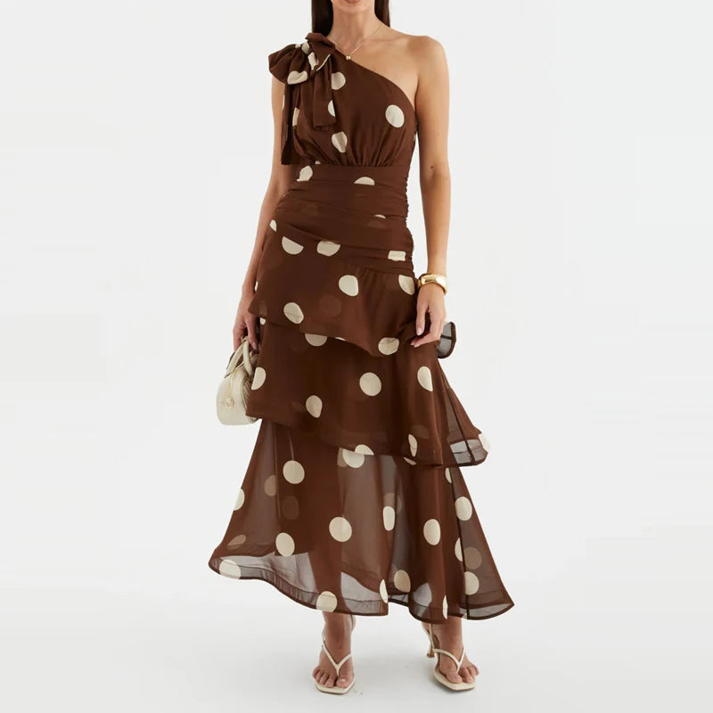 Elegant Polka Dot Ruffle Draped Maxi Dress for Women