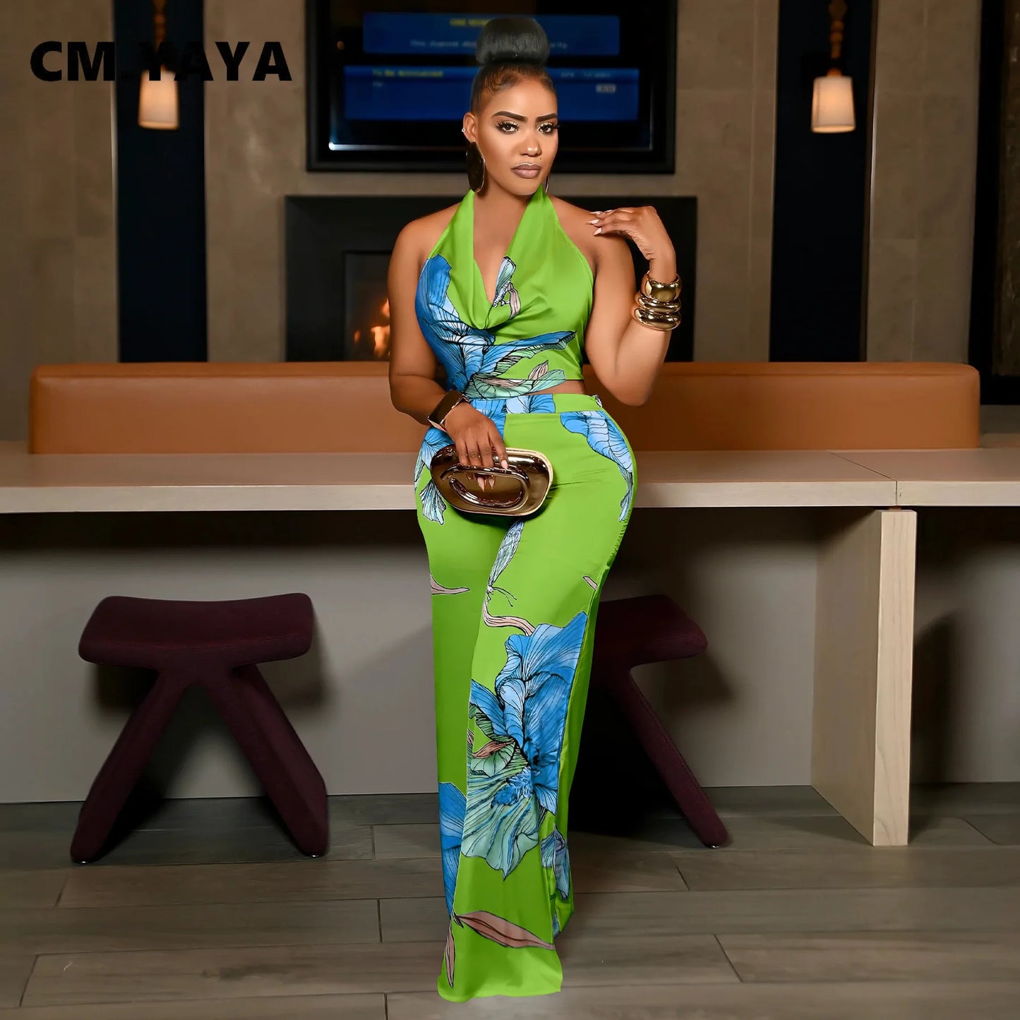 CM.YAYA Women's Set Pile Collar Elegant Floral Print Top and Wide Leg Pants Suit 2025 Summer Two 2 Piece Sets Outfit Tracksuit