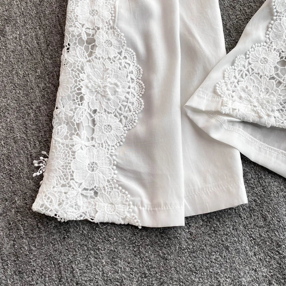 CM.YAYA Fashion Lace Embroidery Patchwork Women's Set Long Sleeve Shirt and Wide Leg Pants 2025 Vacation Two 2 Piece Sets Outfit