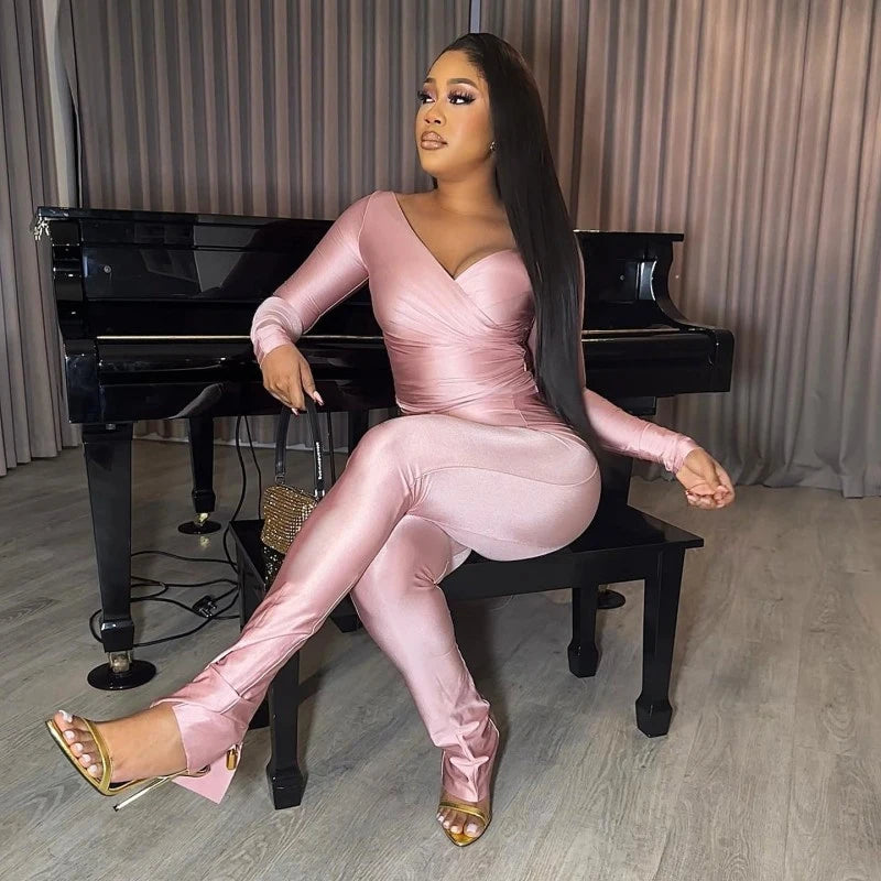 2025 Spring/Summer Women's Sexy Off Shoulder Big V-neck European and American Style High Waist Tight Pants Casual Sports Set