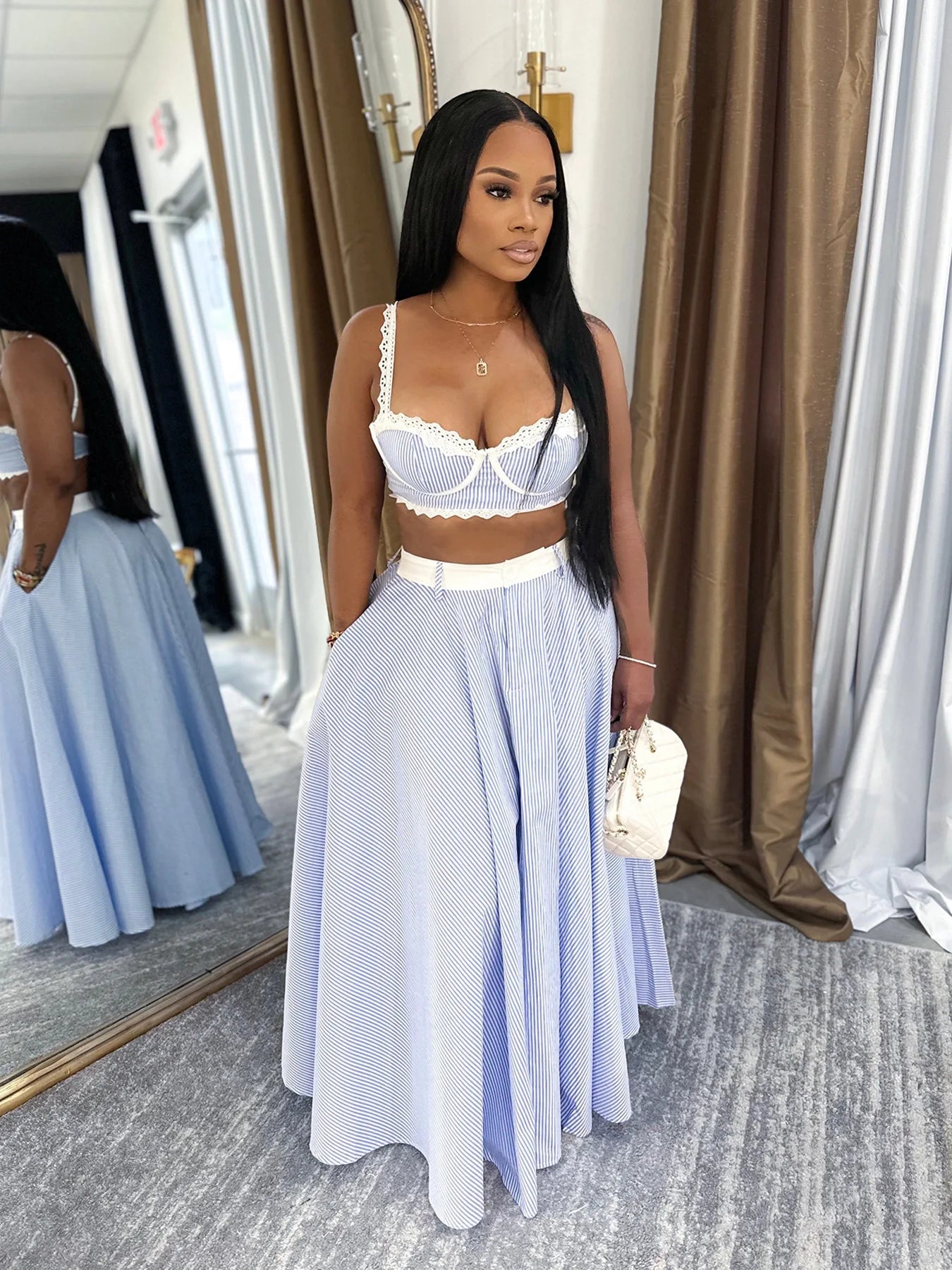 GLCMYAYA striped patchwork Women's Dress Set Strap Crop Tops and a-line long Maxi Skirts Suit Vacation Two 2 Piece Sets Outfits