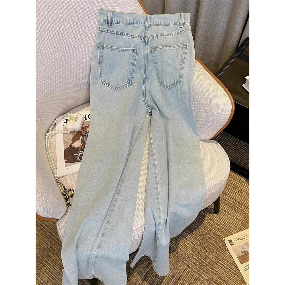 Women Diamonds Denim Pant Korean Fashion High Street Straight Ankle-Length Jeans Spring Autumn All-Match Office Lady Long Pants