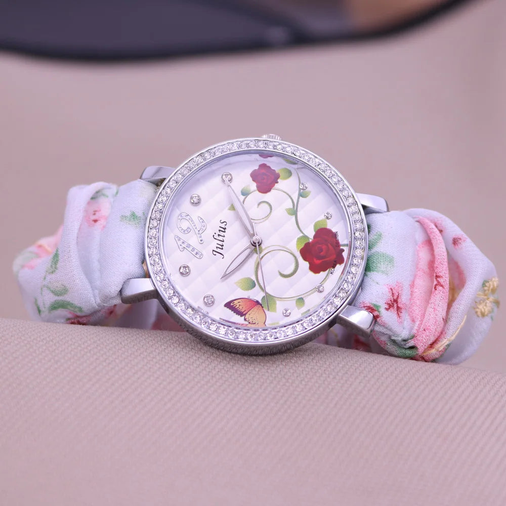 Rose Flower Japan Quartz Lady Women's Watch Elegant Lattice Fashion Hour Bracelet Elastic Watch Band Girl's Gift Julius No Box