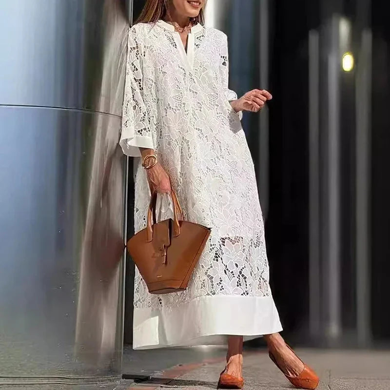 Summer Women White Lace Hollow Evening Dress Elegant V Neck Contrast Patchwork Mesh Women Long Sleeve Party lace Dress 2 piec