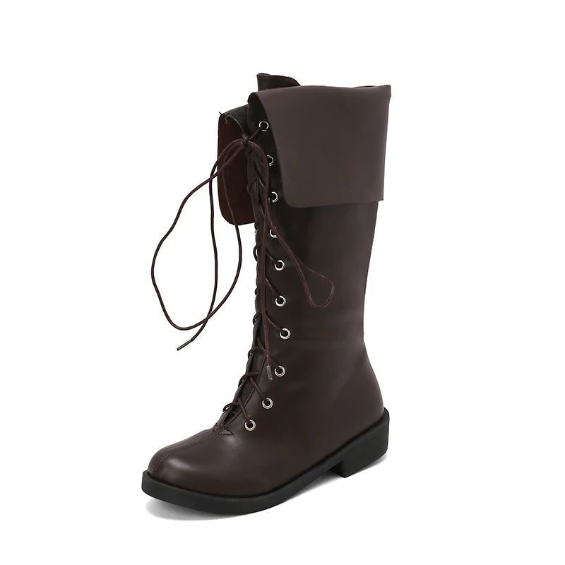 Retro Cross-Tied Flat Mid-Calf Costume Boots for Women