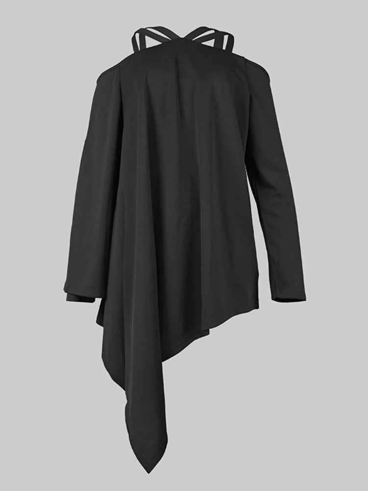 Women's Minimalist Daily Tops Hollowed Cold Shoulder Halter Long Sleeve Loose Pleated Shirt Elegant Asymmetric Blouse