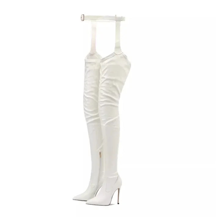 Red Pointed Toe Stiletto Thigh High Boots With Matching Belt for Women