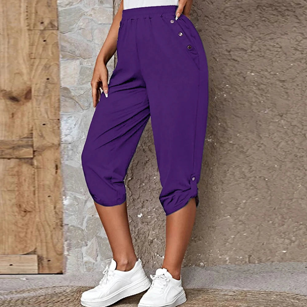 Women Elastic Waist Pants Summer Solid Color Casual Trousers Bottom Elegant Fashion Office Lady Loose Cropped Pants S-3XL