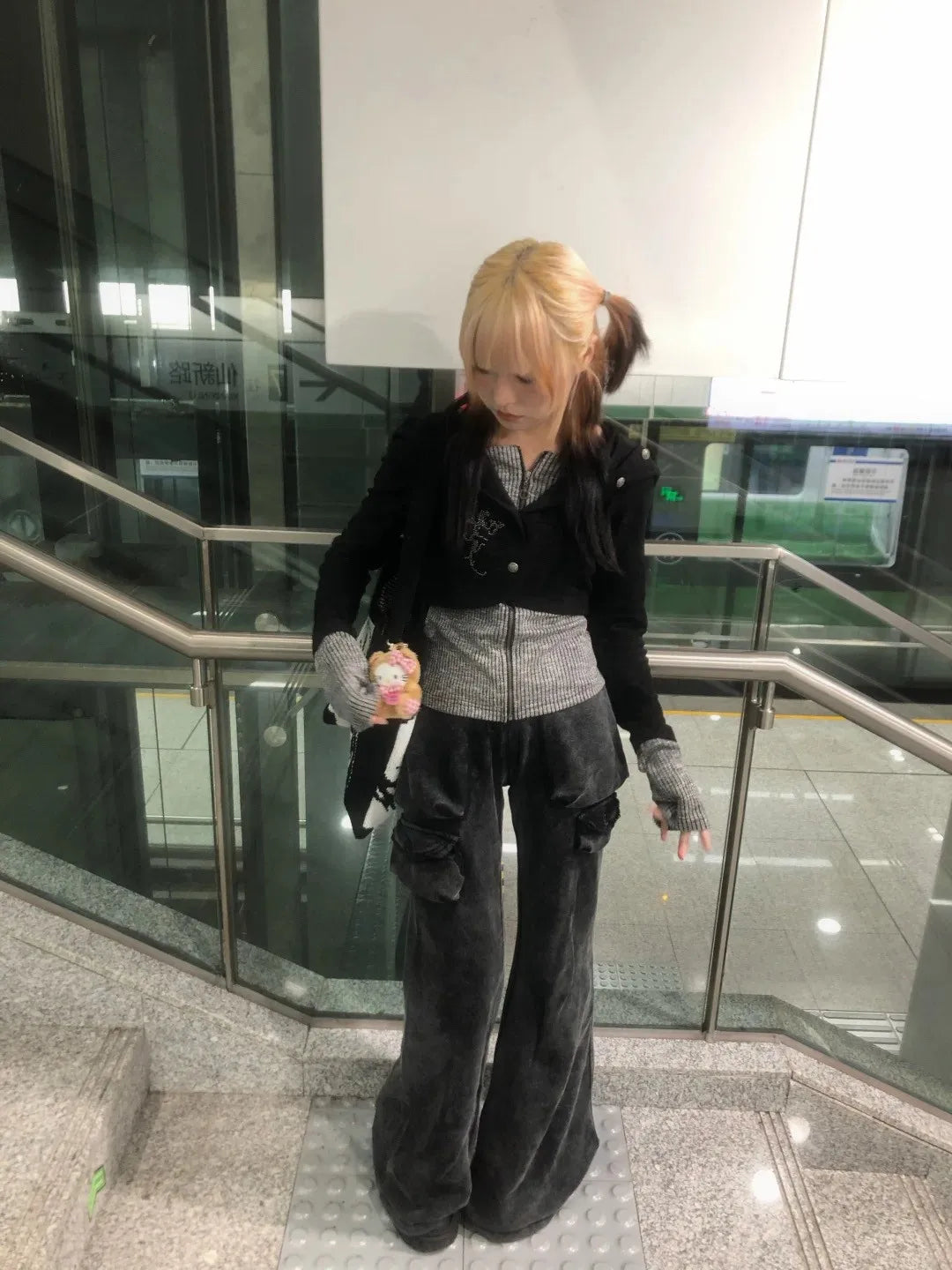 Karrram Japanese Y2k Fake Two-piece Knitted Tops Trashy 2000s Hooded Jacket Vintage Harajuku Knitwear Grunge Aesthetics American