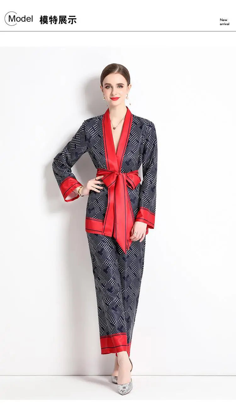 Women Contrast Dot Print V-Neck Loose Lace Up Top+Elastic Waist Wide Leg Pant Suit Autumn Fashion Kimono Cardigan Two Piece Set