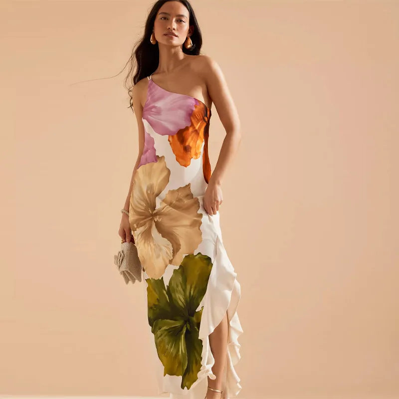 Flower Print Slanted Shoulder Dress Vintage Backless Sleeveless Skinny Irregular Robe For Women 2025 Summer Lady Beach Vestido