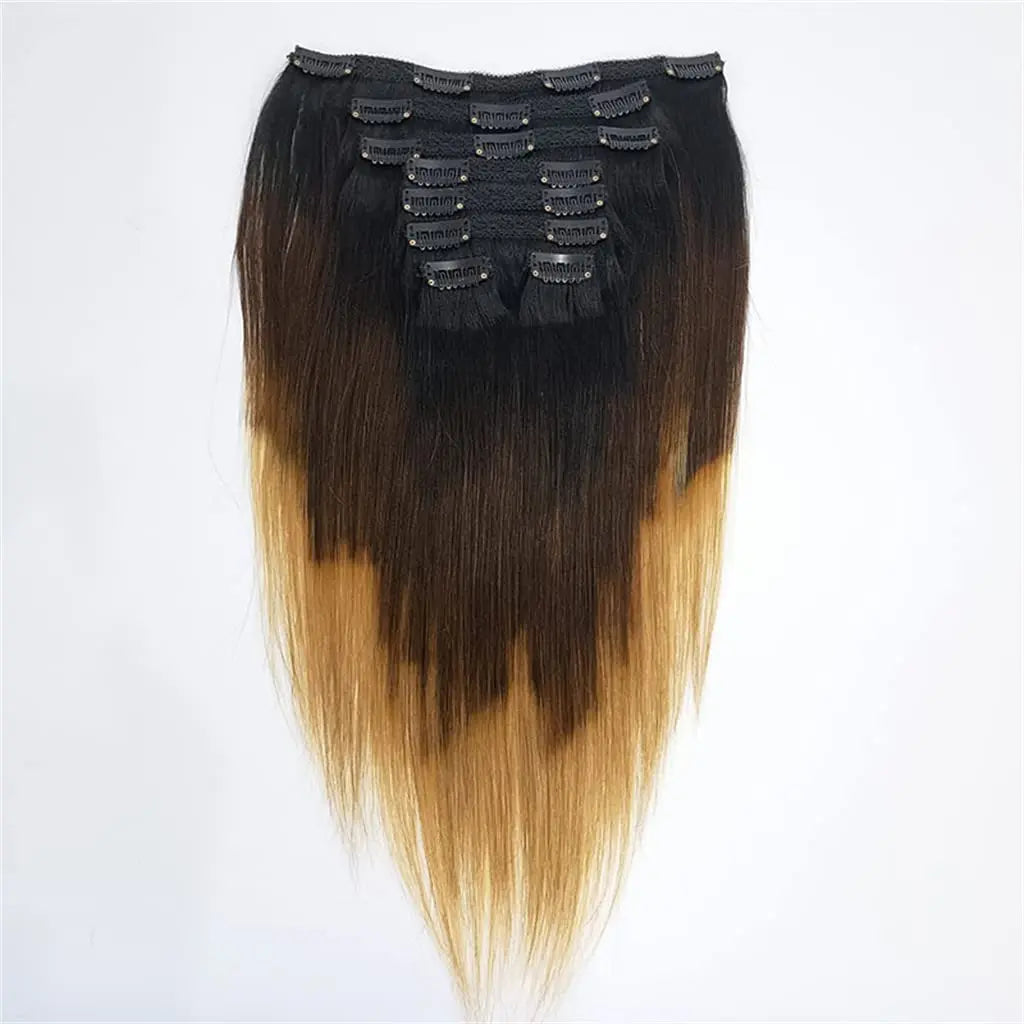 Straight Ombre Color T1B/4/27 Clip in Human Hiar Extensions for Black Women Brazilian Human Hair 8Pcs 120g/set 18 Inch #1B/4/27