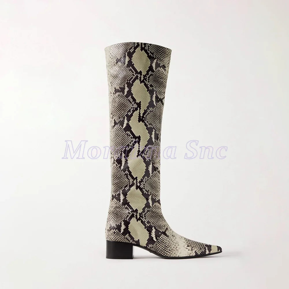 Python Pattern Pointed Toe Block Heel Knee High Boots For Women