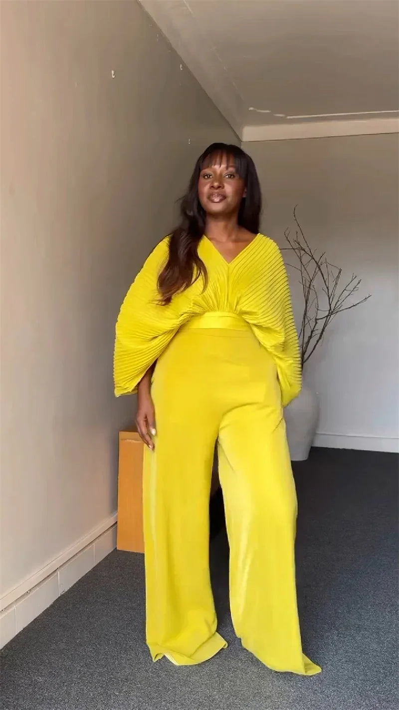 Pleated Blouse V Neck Full Sleeve and Wide Leg Pants Women Loose 2 Pieces Sets Elegant Office Ladies African Outfits 2025