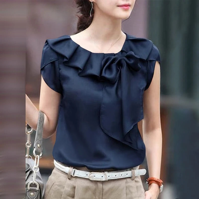 ZANZEA Women Short Sleeve Blouse Elegant Round Neck Tunics Office Lady Bowknot Stitching Shirt Casual Loose Solid Twisted Tops