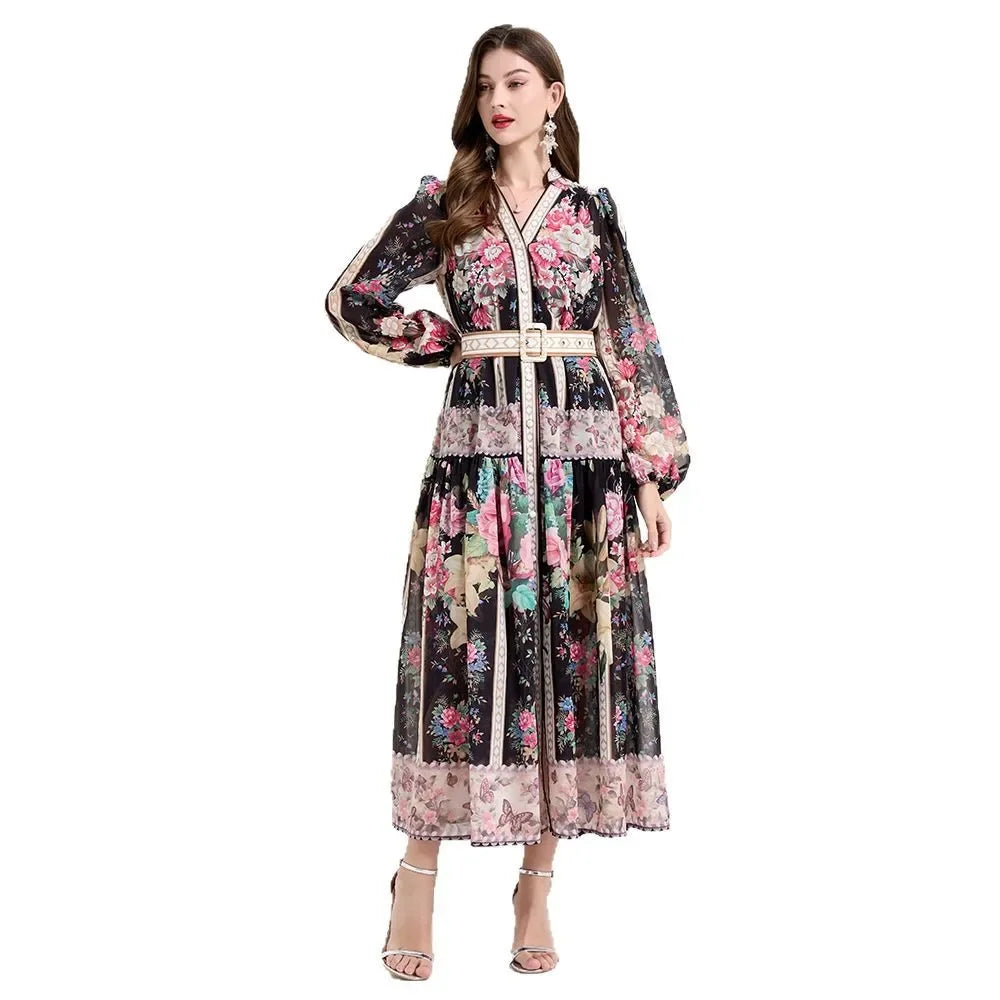 Elegant French Vintage Dress Women's High Waist Belted Print Court Style Long Dress Classy Sensation Skirt Fashionable Gown