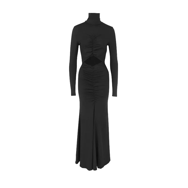 Women Dresses Autumn New Streetwear Fashion Long Sleeves Turtleneck Dress Black Sexy Hollow Out Lady Casual Slim Dress Clothing