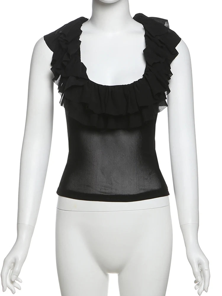 Weird Puss Tierred Low-Neck Tank Tops Women Y2K See Through Sleeveless Summer Trend Mesh Wild Basic Midnight Slim Clubwear Vest