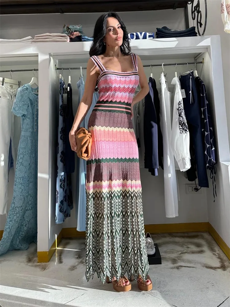 Patchwork Contrast Knitted Women' Dresses Square Collar Backless Sleeveless Bohemian Long Dress Female Summer Lady Beach Robes