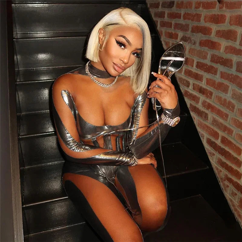 Metallic Striped Patchwork Mesh See Through Nightclub Jumpsuit Women Long Sleeve Skinny Party Birthday Outfit One Pieces Romper
