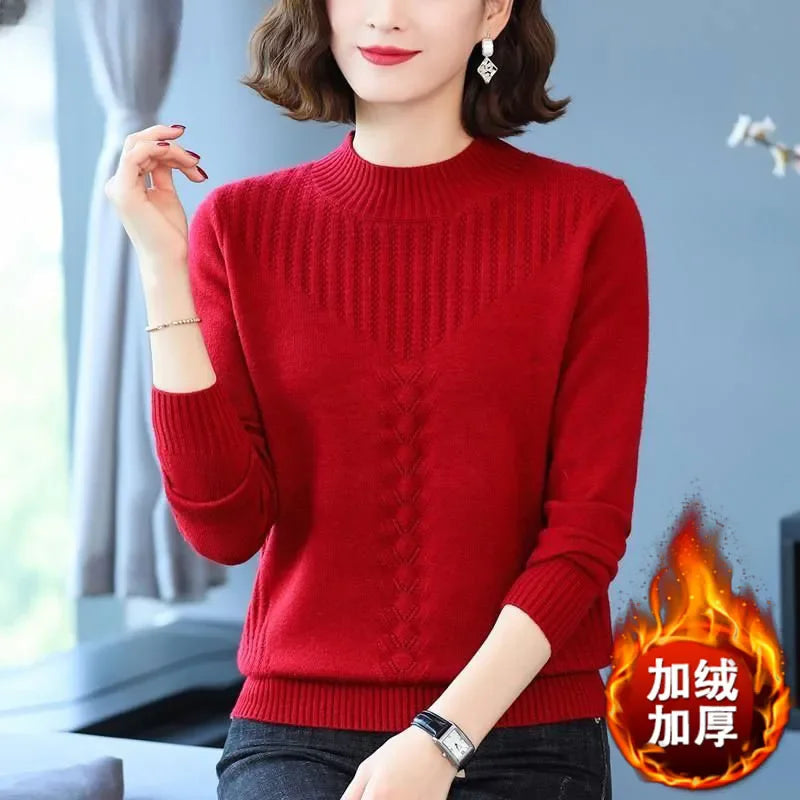 2025 Autumn New Mom's Velvet And Warm Knitted Embroidered Bottom Shirts Imitation Mink Fleece Winter Inner Plsh Thick Pullover
