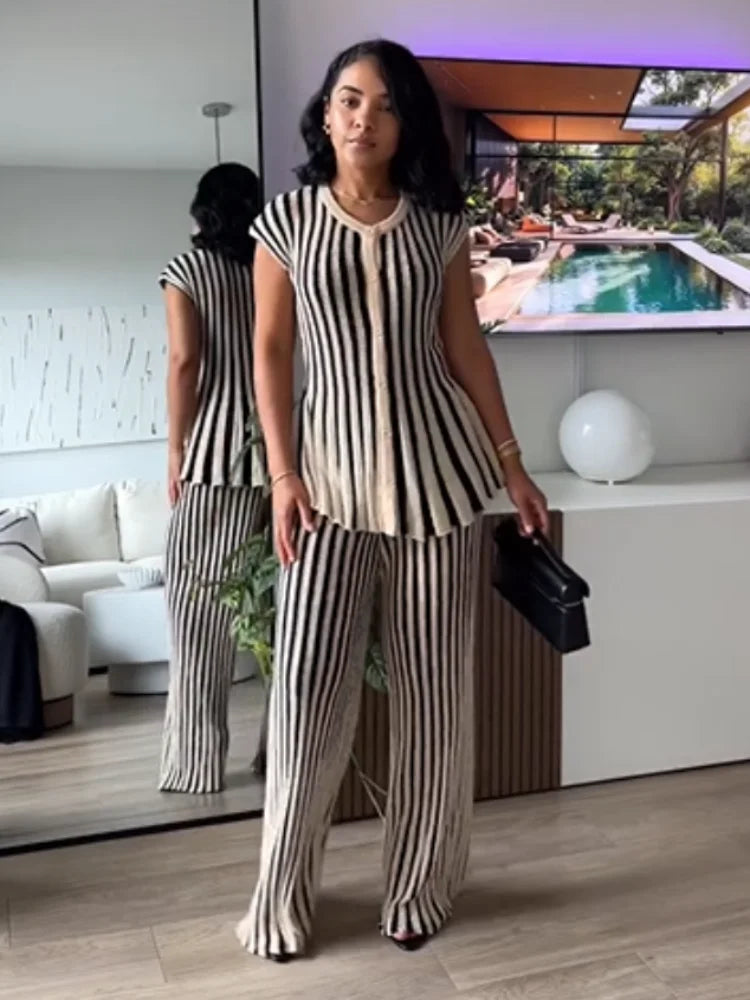 Joskaa 2025 Women's Striped Knit Two Piece Set Casual O-Neck Sleeveless Sweater Vest and Flared Pants Matched Vintage Streetwear