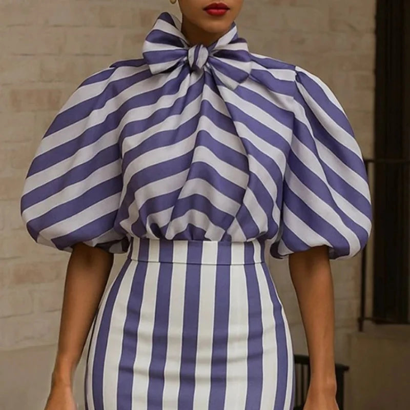 Beautyblue Blue Striped Shirts for Women Commuter Blouses 2025 Elegant Loose Bow Tie Puff Sleeves Bowknot High Neck Female Tops