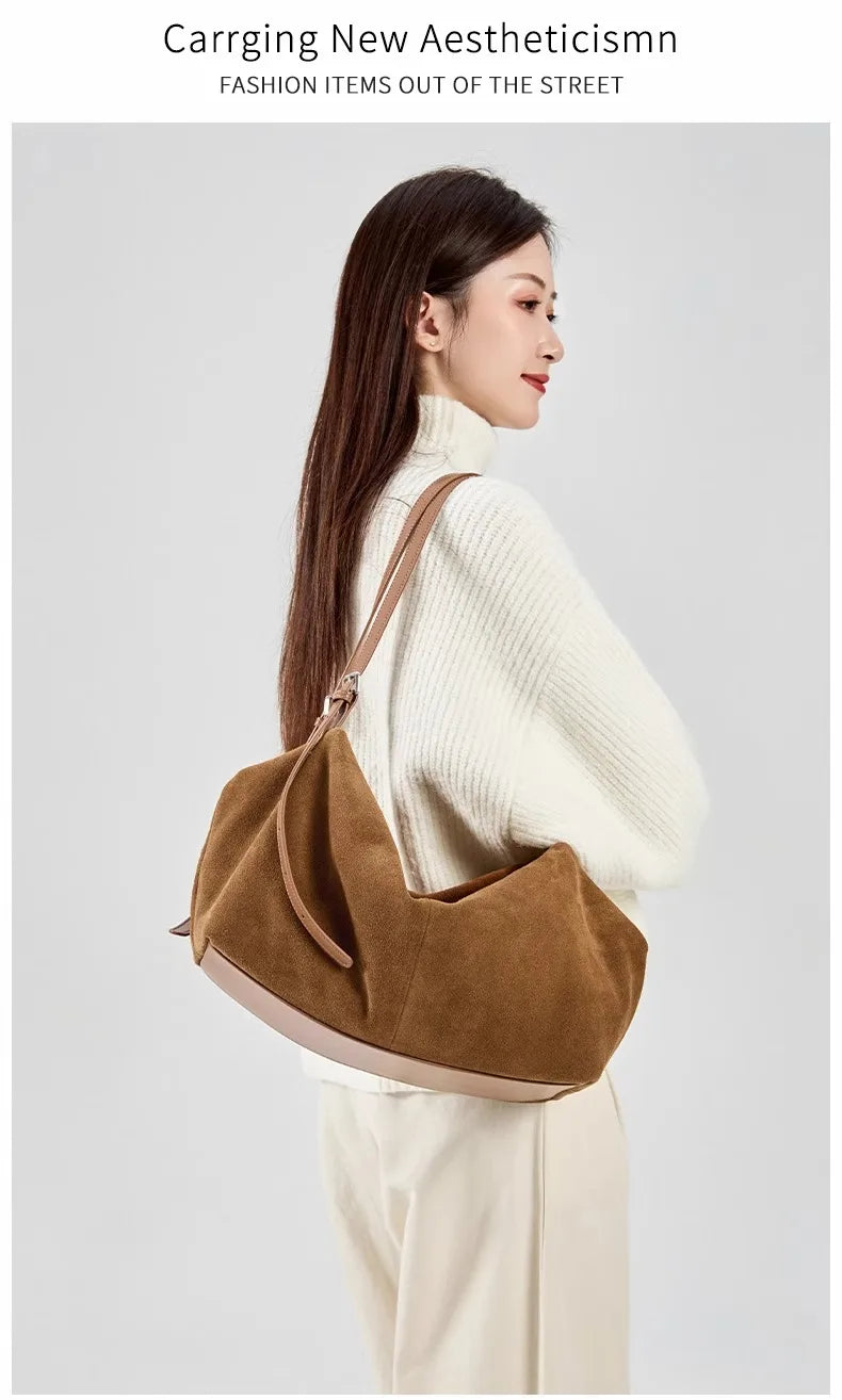 Women's Suede Genuine Leather Shoulder Bags Ladies Frosted Cowhide Crossbody Bag Female Design Luxury and Lazy Commuting Handbag