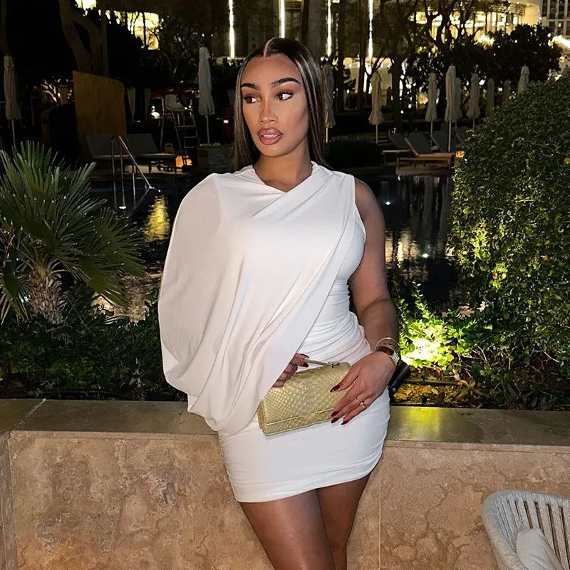 Joskaa Elegant Pleated O-Neck Asymmetric Single Sleeve Body-Shaping Mini Dresses for Women 2025 Summer Holiday Party Clubwear