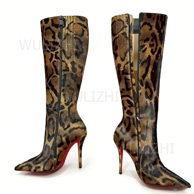 Leopard Print Faux Fur Knee High Stiletto Boots for Women