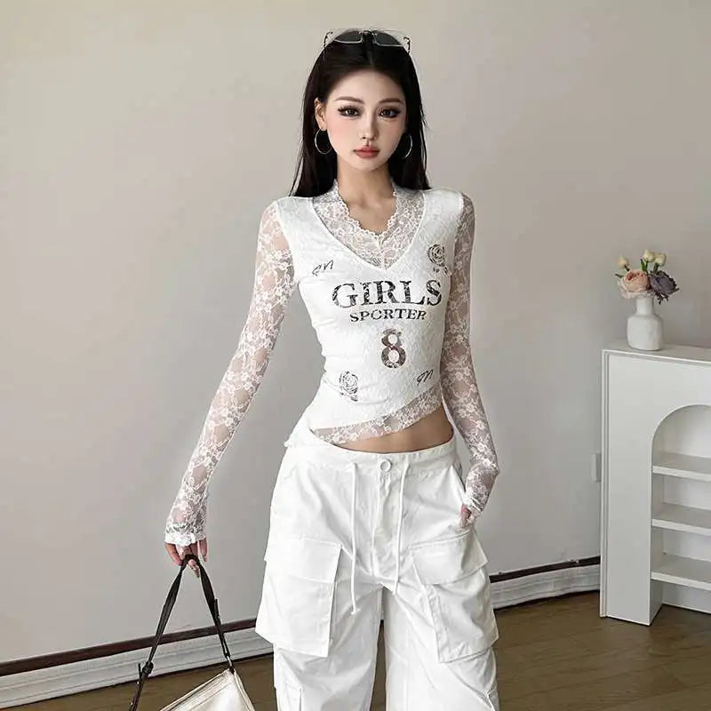 Trendy Sweet Hot Girl Lace Spliced hollow Perspective Design V-neck T-shirt Women's Letter Printing Slim Fit and Irregular Top
