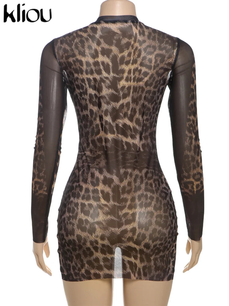 kliou Mesh Leopard Print Mini Dress Women Fashion Sexy See Through Full Sleeve Crew Neck Bodycon Female Popular Club Party Robe