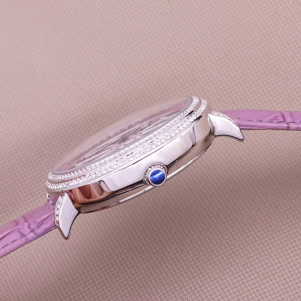 Luxury Davena Spin Snow Flower Women's Watch Japan Mov't Crystal Lady Hours Fine Fashion Real Leather Bracelet Girl's Gift Box