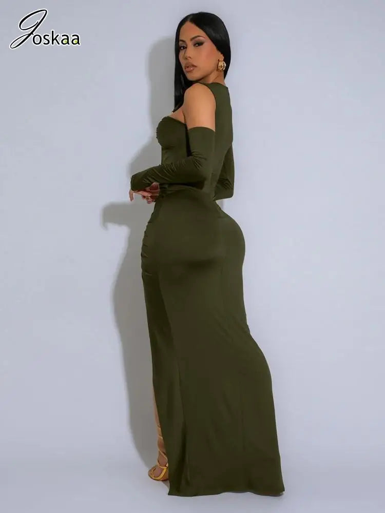 Joskaa Elegant Metal Decoration Hollow Birthday Dress Woman Sexy Irregular Full Sleeve High Split Maxi Dresses 2025 Clubwear