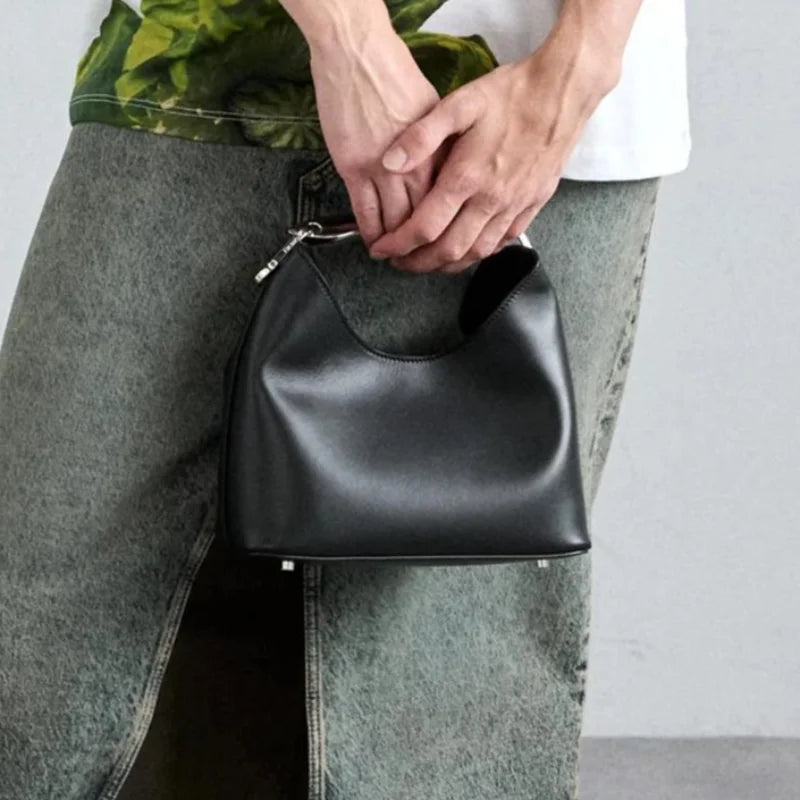 Luxury Texture Women's Bag Lychee Pattern Metal Handle Shoulder Bag Evening Clutch Bag Fashion Designer Half-moon Crossbody Bag