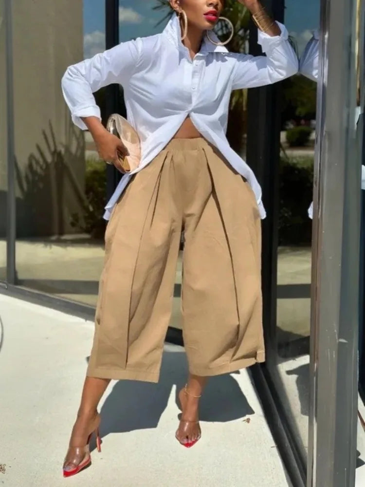 Beautyblue Women's Cropped Pants Khaki Wide-leg Pants 2025 Summer Loose Folds Pocket Elastic Waist Casual Sports Trousers Female