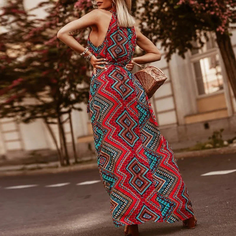 Bohemian Pleated Casual Long Dress Vintage Pattern Printed O Neck Women's Dress 2025 New Elegant Sleeveless Lace Up Loose Dress