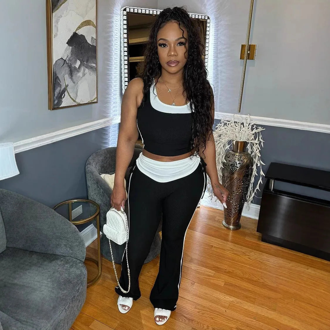 CM.YAYA Fashion Knit Ribbed Patchwork Women's Set Sleeveless Tank Tops and Flare Pants Tracksuit 2025 Two 2 Piece Sets Outfit
