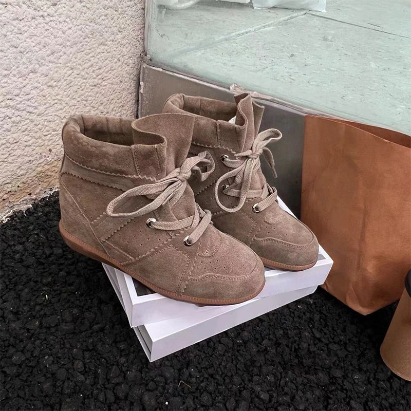 Brand Frosted Splicing Sneakers Women Fashion Versatile Casual High-top Shoes Inner Height Increase Textured Design Casual Shoes