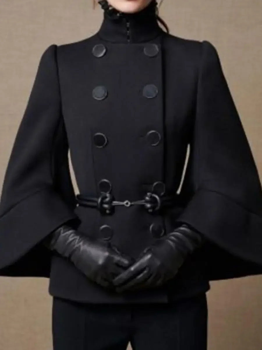 Gymystars Womens 2025 Short Jacket England Buttoned Black High Neck Coats Spring Long Flared Sleeves Outerwear For Women