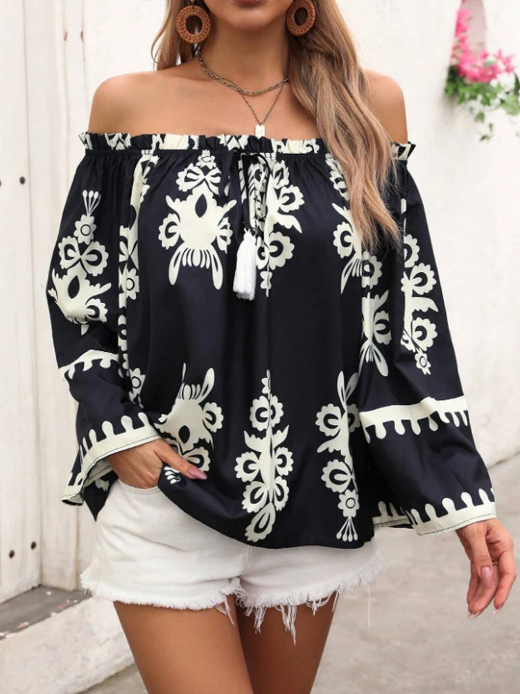 Fashionable Spring Summer Striped Floral Print Split Sleeve Shirt Elegant Casual Women's Top