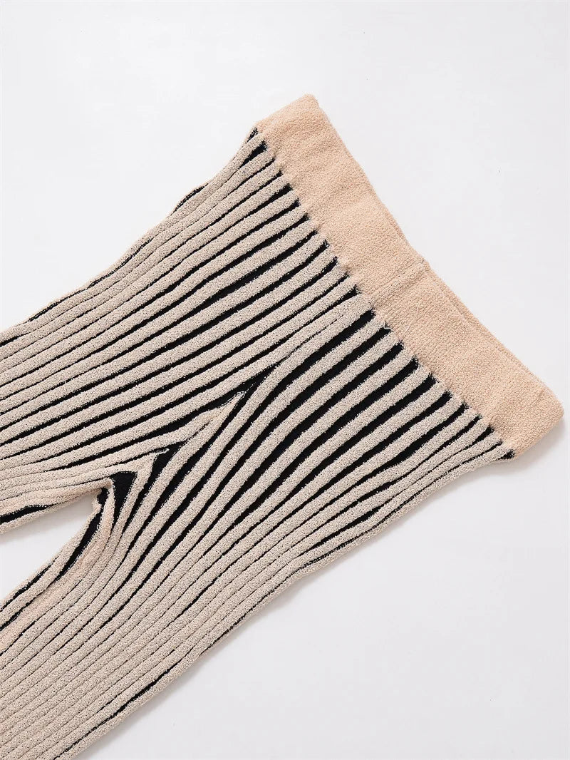 Joskaa 2025 Women's Striped Knit Two Piece Set Casual O-Neck Sleeveless Sweater Vest and Flared Pants Matched Vintage Streetwear