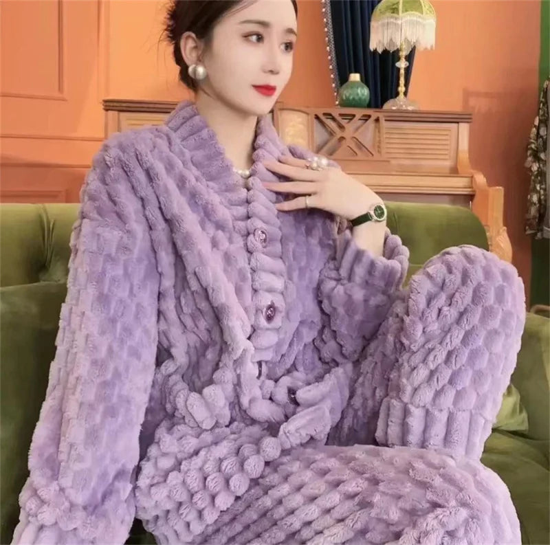 5XL Stripes Women's Flannel Cardigan Home Fur Solid Color Loose Coral Velvet Pajama Set Autumn/Winter Pants Two Piece Suit Red