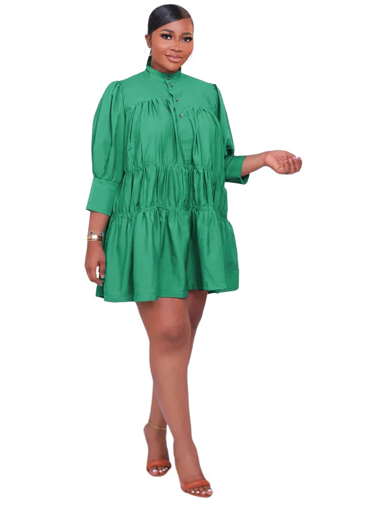Wmstar Elegant Women Summer Solid Color Short Dress Fashion Long Sleeve High Neck High Waist Clothes Party Casual Mini Dresses