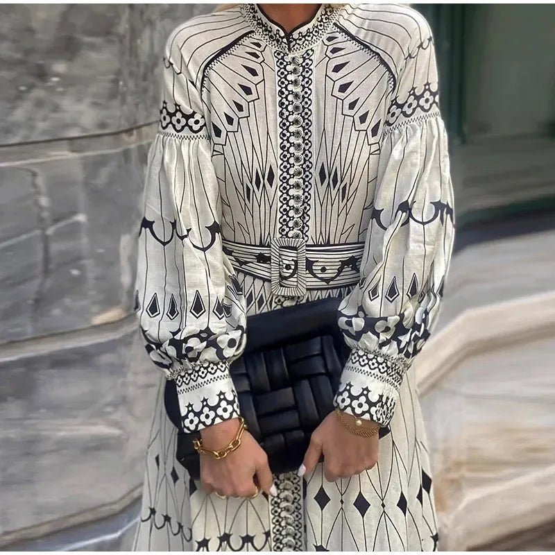 2025 Spring Women Vintage Long Dress Print Sashes Lantern Long sleeve Dresses Female Summer Elegant Fashion Office Lady Clothes